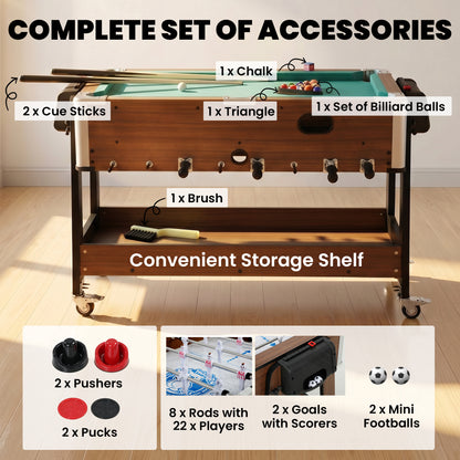 SPORTNOW 3 in 1 Multi Game Table, 3.4ft Reversible Air Hockey Pool Football Games Table with Lockable Wheels, Storage Shelf