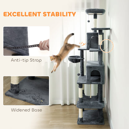 PawHut 202cm Large Cat Tree with 6 Scratching Posts, 2 Hammocks, 2 Condos, 2 Perches, Pompoms, for Indoor Cats to Rest and Play--ChewyGames-ChewyGames