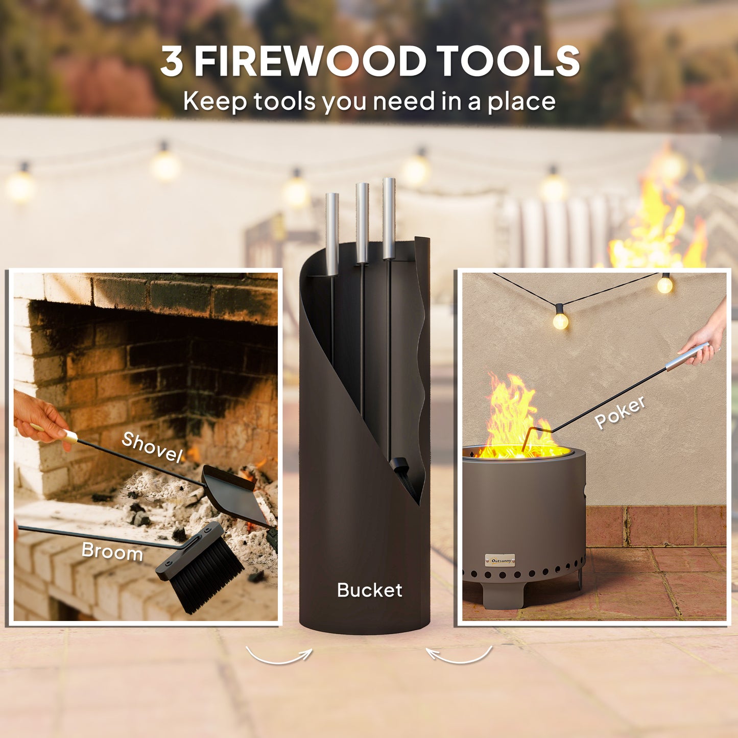 Outsunny 4 Pieces Fireplace Tools Set, Metal Fireplace Accessories Fireside Companion Set with Broom, Shovel, Poker and Bucket, Black