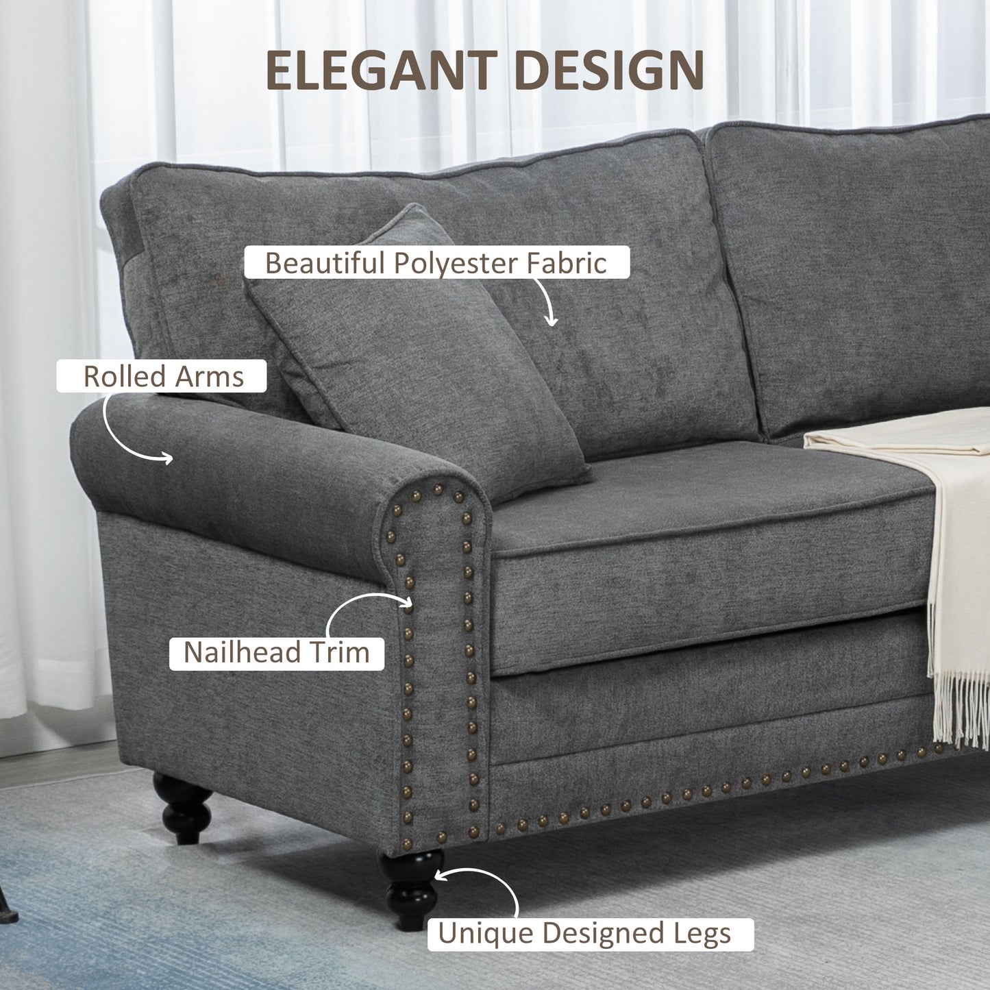 HOMCOM 196cm 3 Seater Sofa, Fabric Sofa with Rubber Wood Legs, Nailhead Trim, 2 Pillows, Small Upholstered Couch Settee for Living Room, Guest Room, Grey--ChewyGames-ChewyGames
