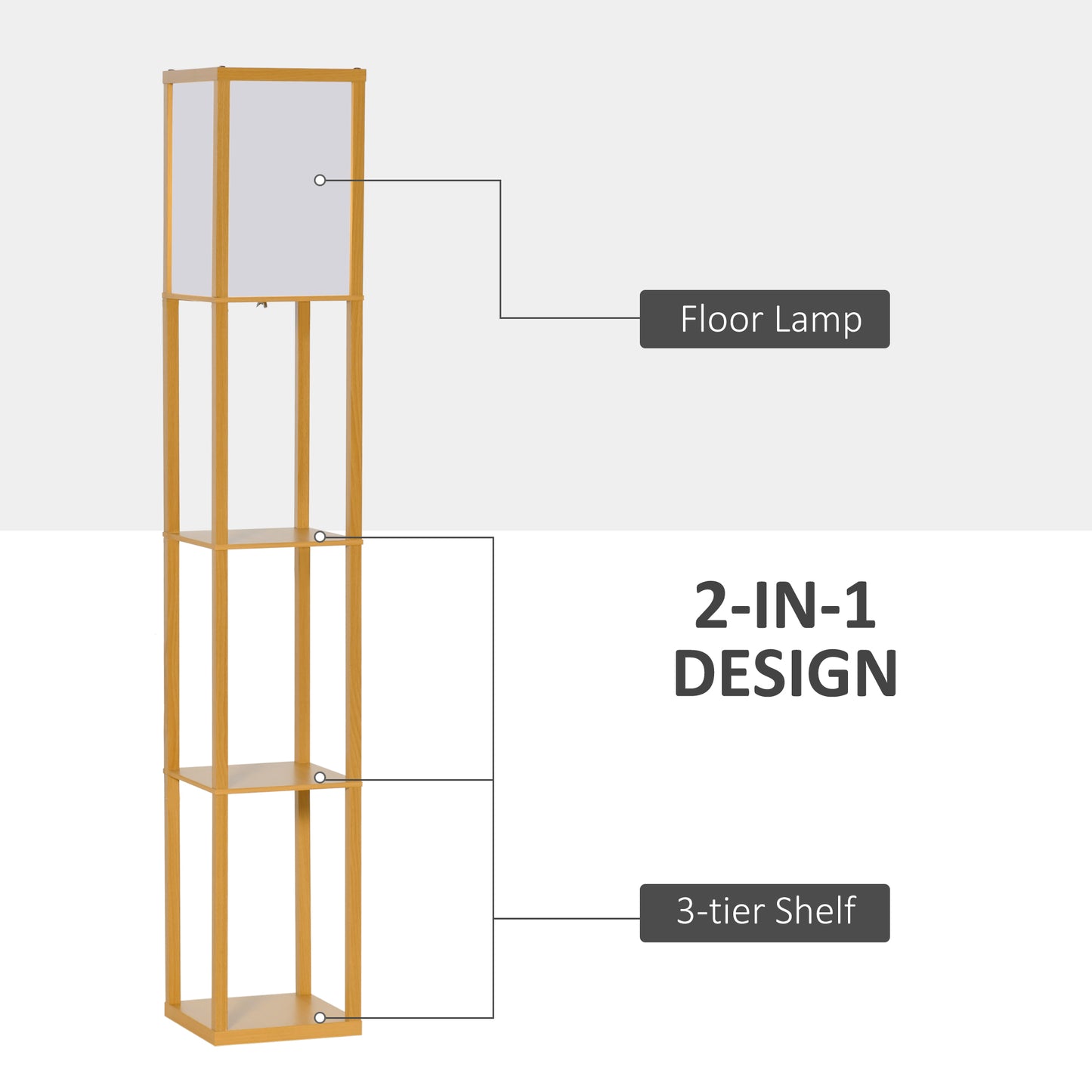 HOMCOM 3-Tier Floor Lamp with Shelves and Storage, Modern Corner Standing Lamp with Lampshade, Reading Light with Foot Switch for Living Room, Bedroom, Home Office, Bulb not Included, Natural