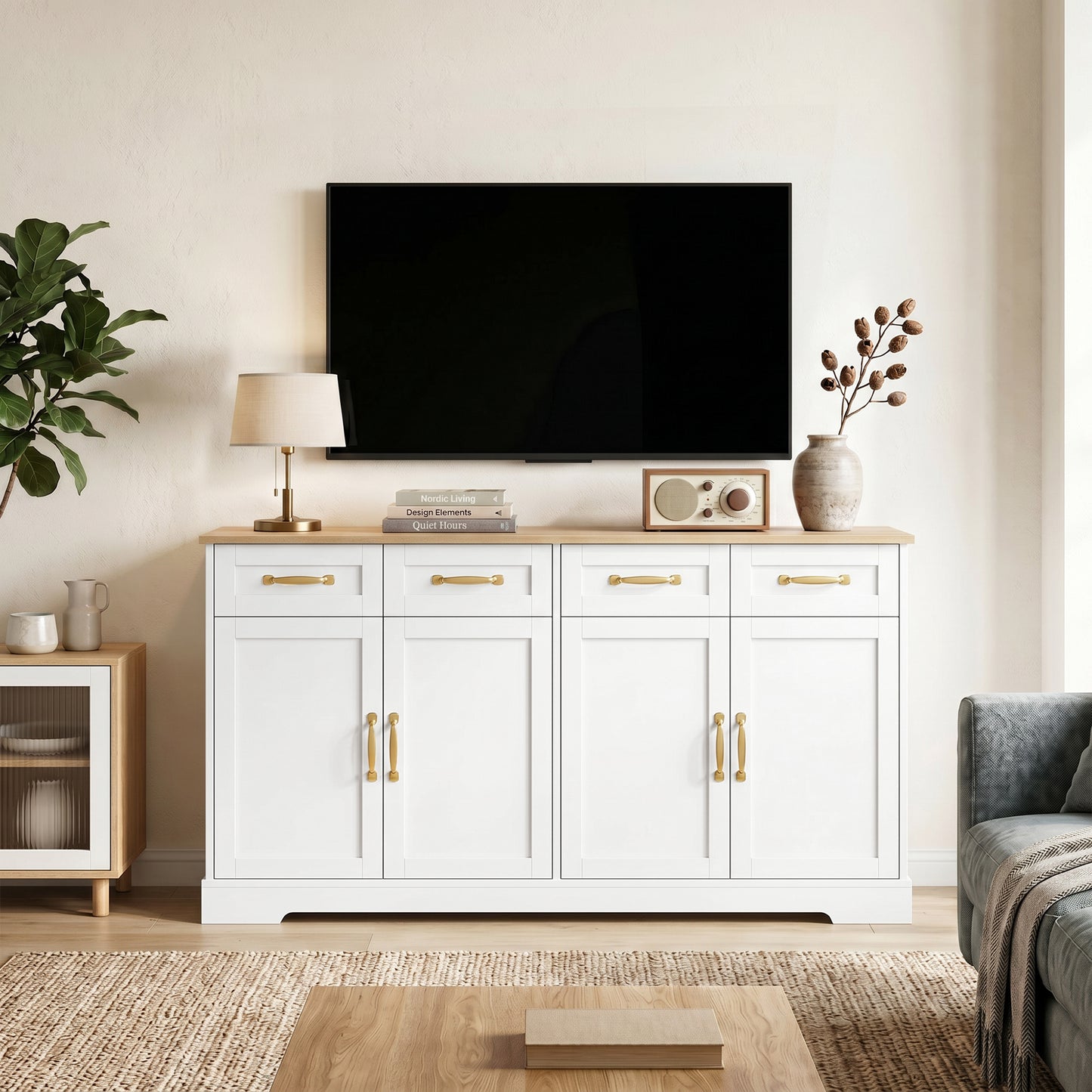 HOMCOM Sideboard Buffet Cabinet, 140 cm Kitchen Storage Cabinet with 4 Drawers, 4 Doors and 2 Adjustable Shelves, White