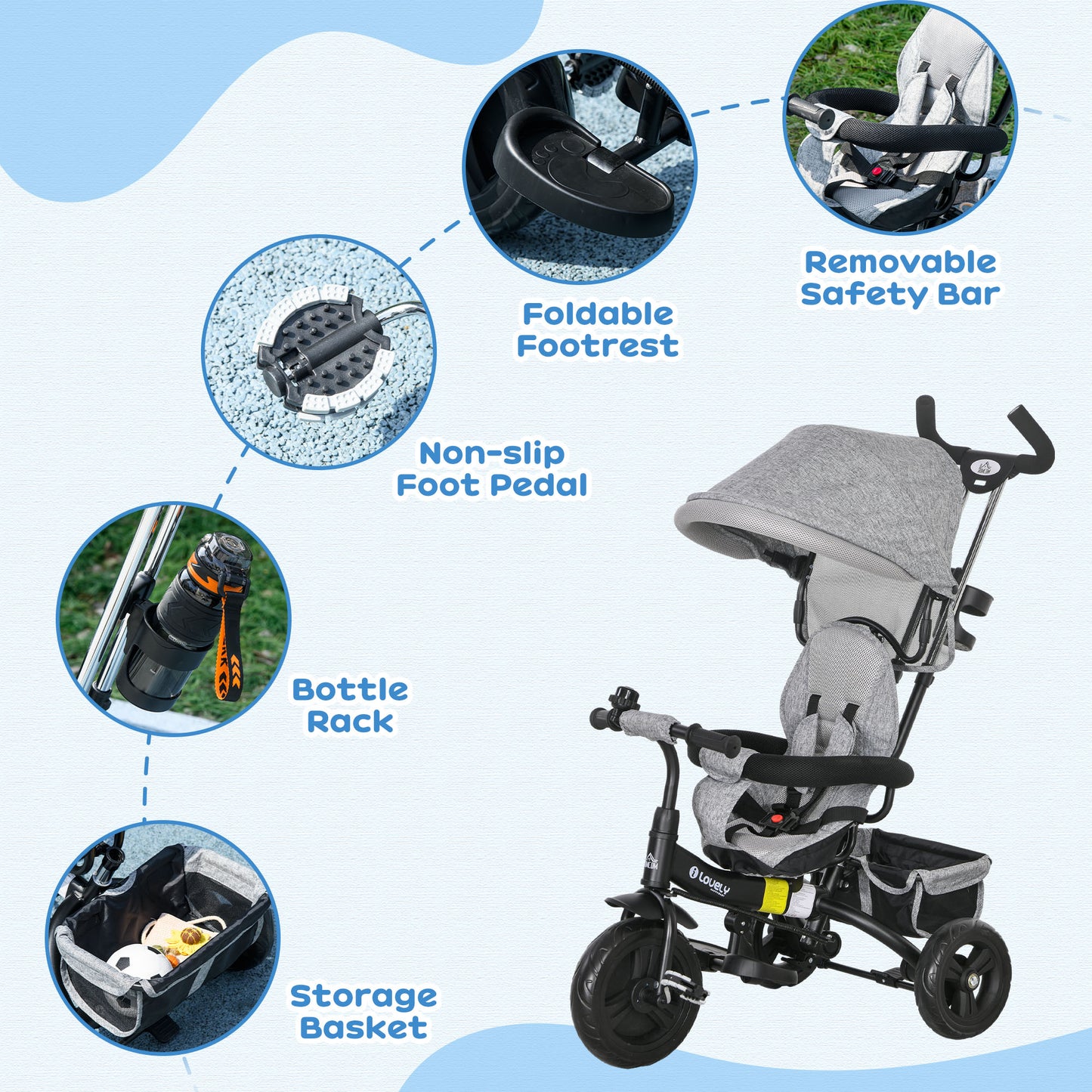 HOMCOM 6 in 1 Kids Trike Push Bike w/ Push Handle, Canopy, 5-point Seat Belt, Storage, Footrest, Brake, for 1-5 Years, Grey