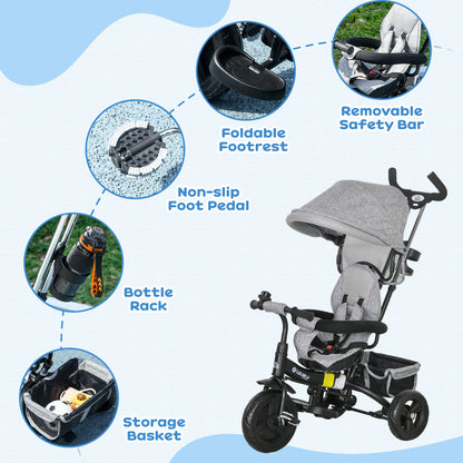 HOMCOM 6 in 1 Kids Trike Push Bike w/ Push Handle, Canopy, 5-point Seat Belt, Storage, Footrest, Brake, for 1-5 Years, Grey