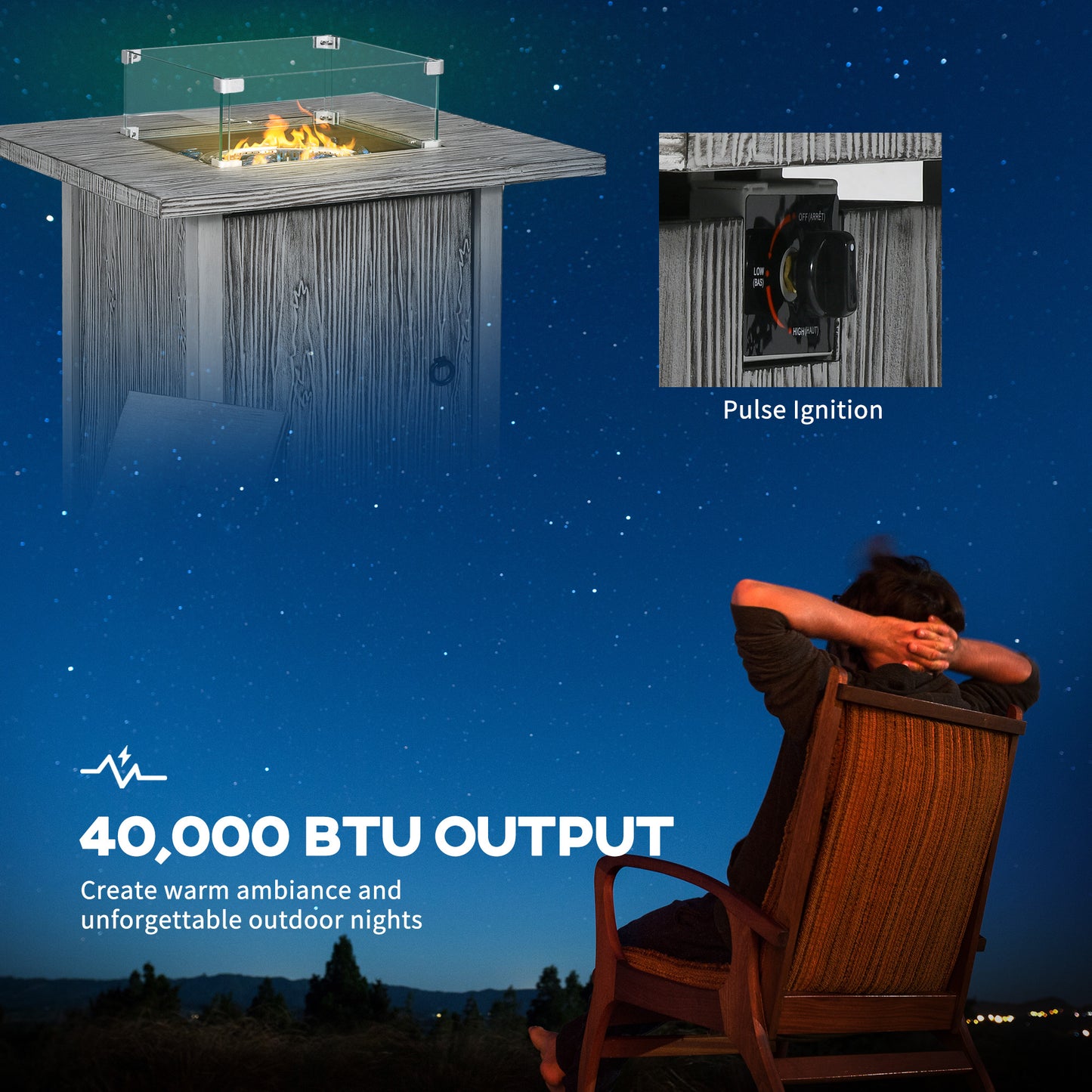 Outsunny 71cm 50,000 BTU Gas Fire Pit Table with Cover and Glass Screen - Grey
