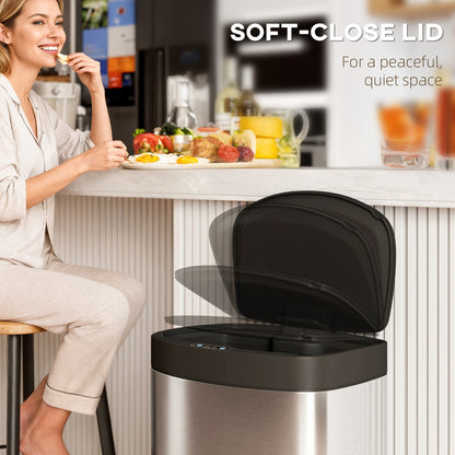 HOMCOM 55L Sensor Bin with Soft-Close Lid, Automatic Touchless Motion Sensor Kitchen Bin with Fingerprint Resistant Stainless Steel for Hygienic Gyms, Home Office Use, Silver Tone