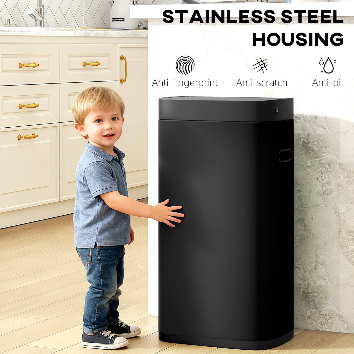 HOMCOM 50L Sensor Bin, Automatic Kitchen Bin, Manual Override, Battery Operated, Inner-Bucket-Free, for Kitchen, Bedroom, Black