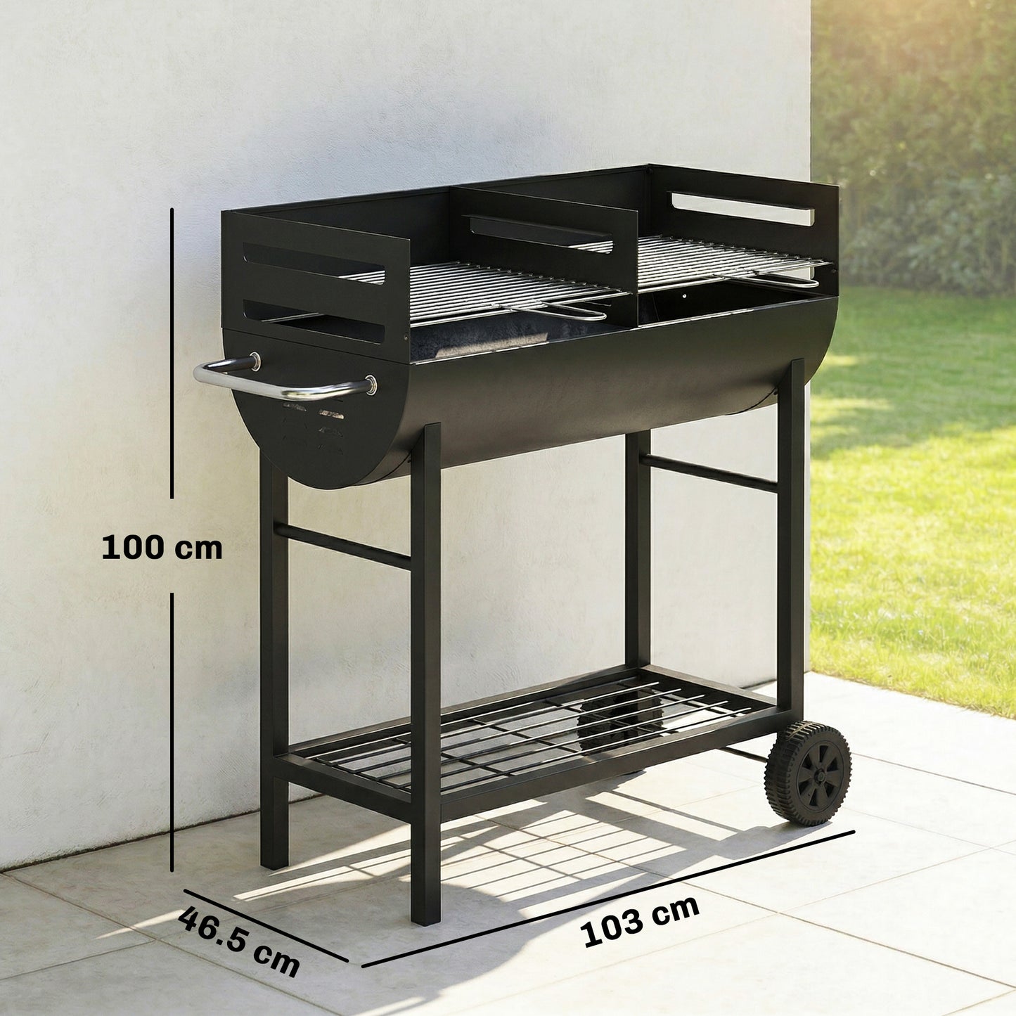 Outsunny Charcoal Barbecue Grill with 2 Cooking Areas, Portable BBQ Trolley with Wheels, Height Adjustable Grates, Bottom Shelf
