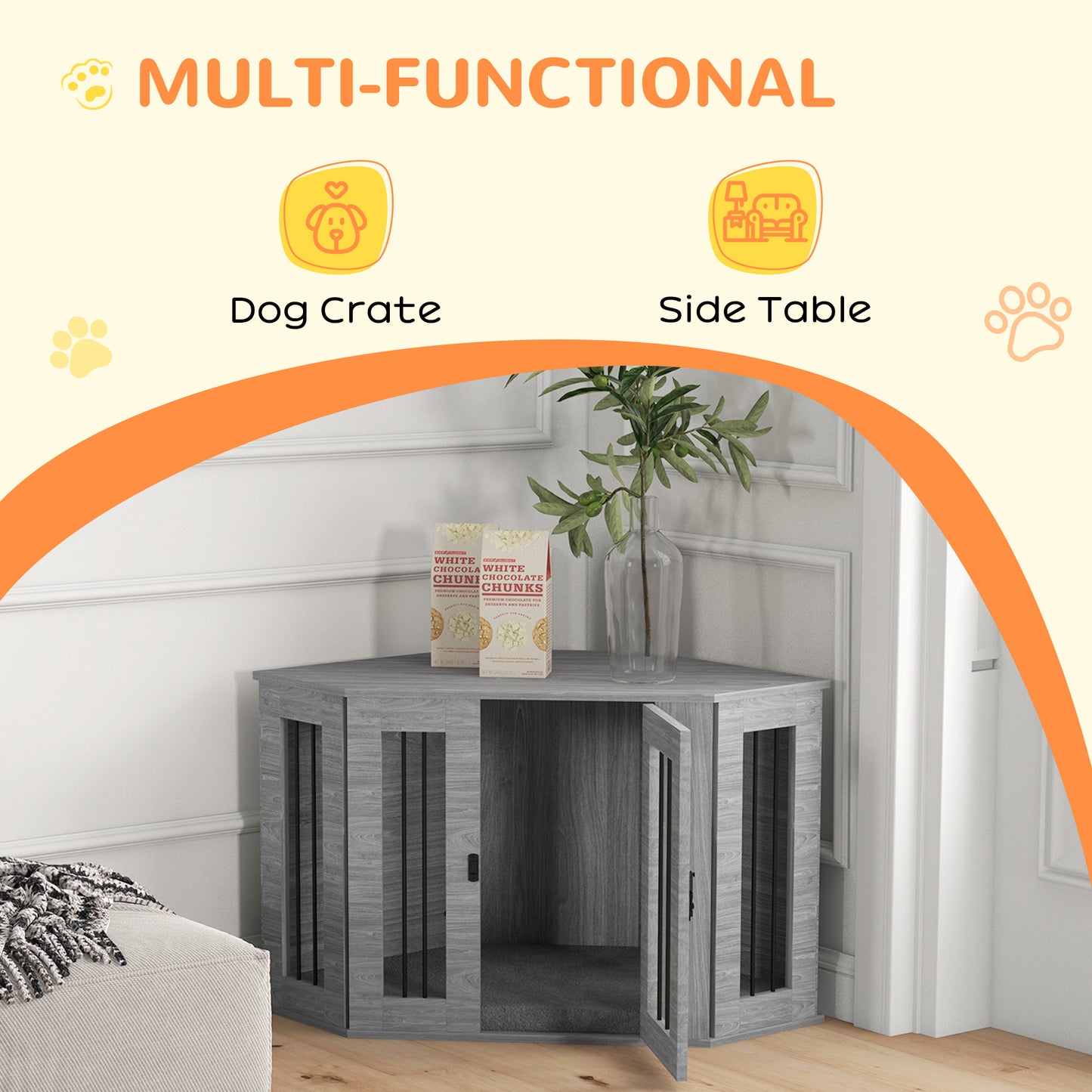 PawHut 2 in 1 Dog Crate Furniture Side Table with Cushion for Medium Dogs, 104 x 55 x 63cm - Grey