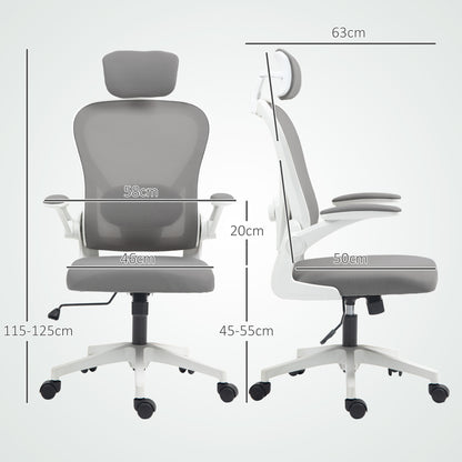 HOMCOM Executive Office Chair, Ergonomic Mesh High Back Desk Chair with Flip-up Armrest, Rotatable Headrest, Adjustable Lumbar Support for Home Study, Grey