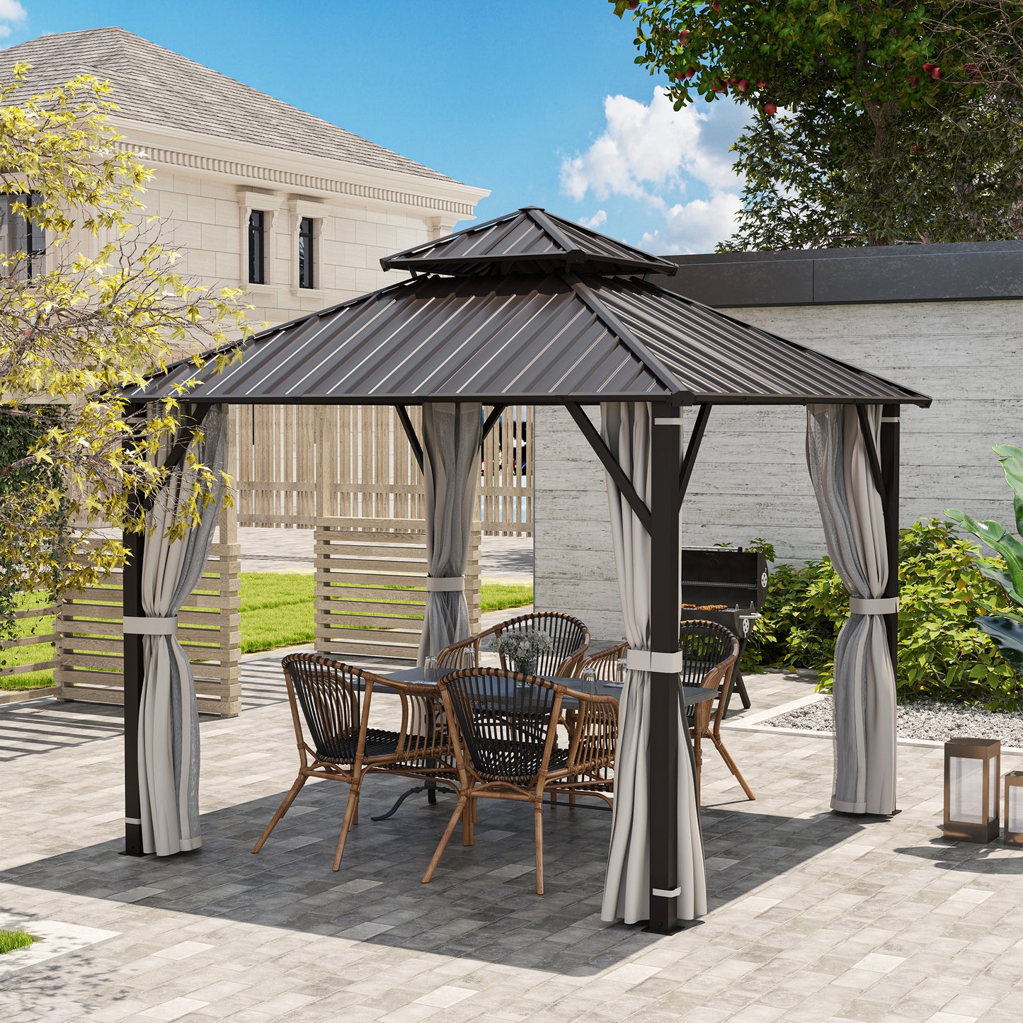 Outsunny 3 x 3(m) Hardtop Gazebo Canopy with Double Metal Roof, Waterproof Permanent Pavilion Garden Gazebo with Netting and Curtains, Easy to Assemble, Beige