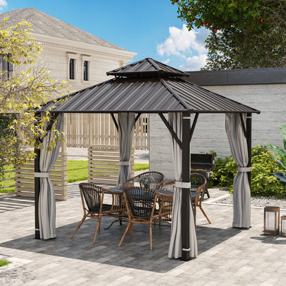 Outsunny 3 x 3(m) Hardtop Gazebo Canopy with Double Metal Roof, Waterproof Permanent Pavilion Garden Gazebo with Netting and Curtains, Easy to Assemble, Beige