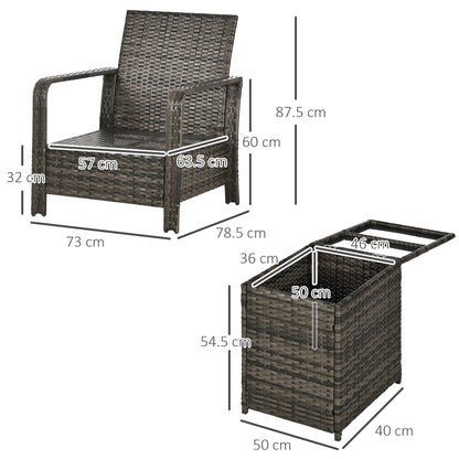 Outsunny 3 Pieces Rattan Bistro Set, Wicker Garden Furniture Set with Storage Coffee Table and Chairs, Thickened Cushions for Outdoor, Patio, Balcony, Grey