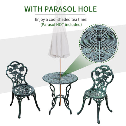 Outsunny Cast Aluminium Outdoor Patio Garden Bistro Elegant Design Table Chair Set - Green (3-Piece)
