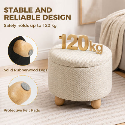 HOMCOM Storage Sitting Bench with Lid, Round Storage Ottoman with Rubberwood Legs, Beige