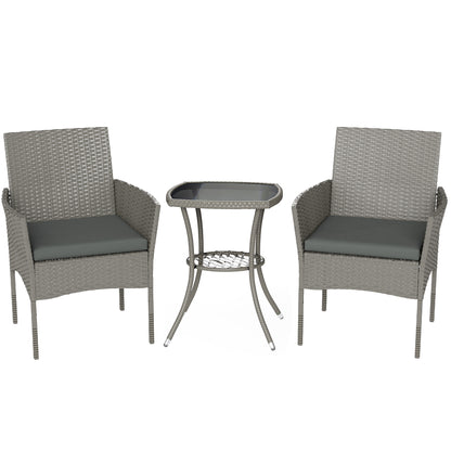 Outsunny 3 Piece Rattan Bistro Set, PE Wicker Garden Furniture Conversation Set with 2 Tier Glass-Top Table, Chairs, Dark Grey