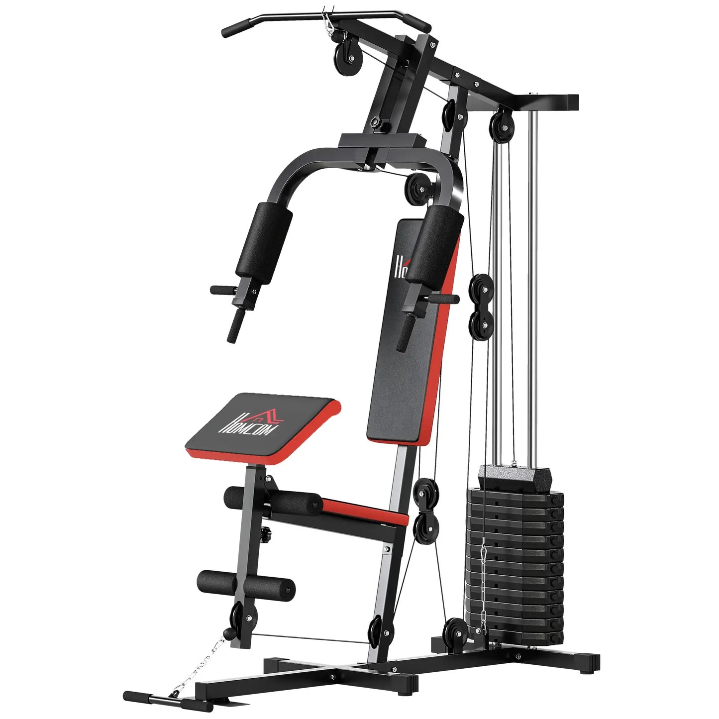 HOMCOM Multigym Station, with 66KG Weight Stack, for Strength Training Red Black