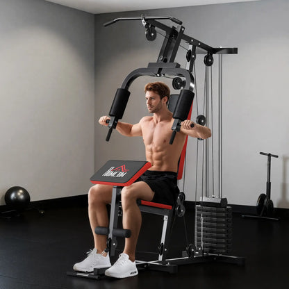 HOMCOM Multigym Station, with 66KG Weight Stack, for Strength Training Red Black