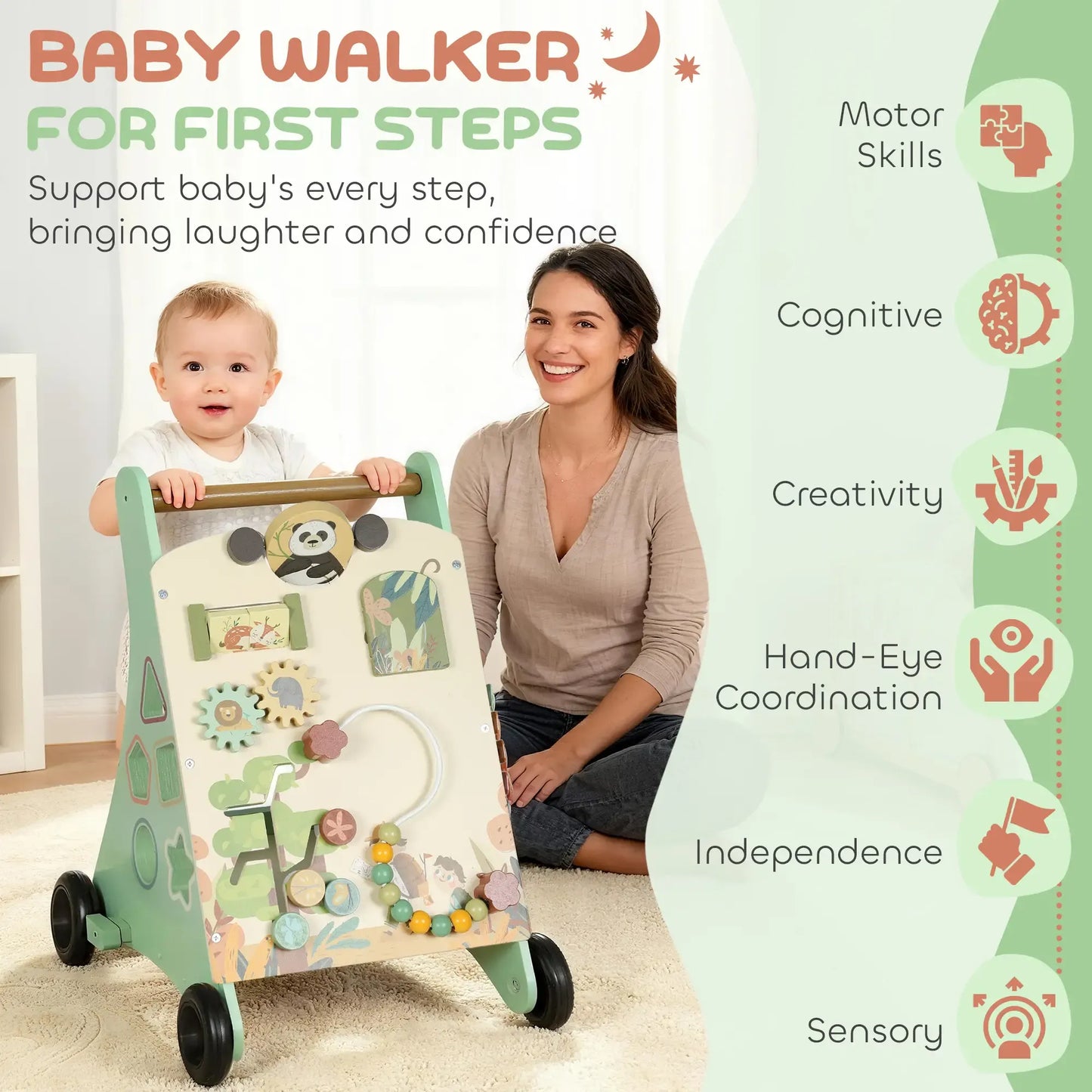 AIYAPLAY Wooden Baby Walker with Speed Control, Montessori-Inspired Centre