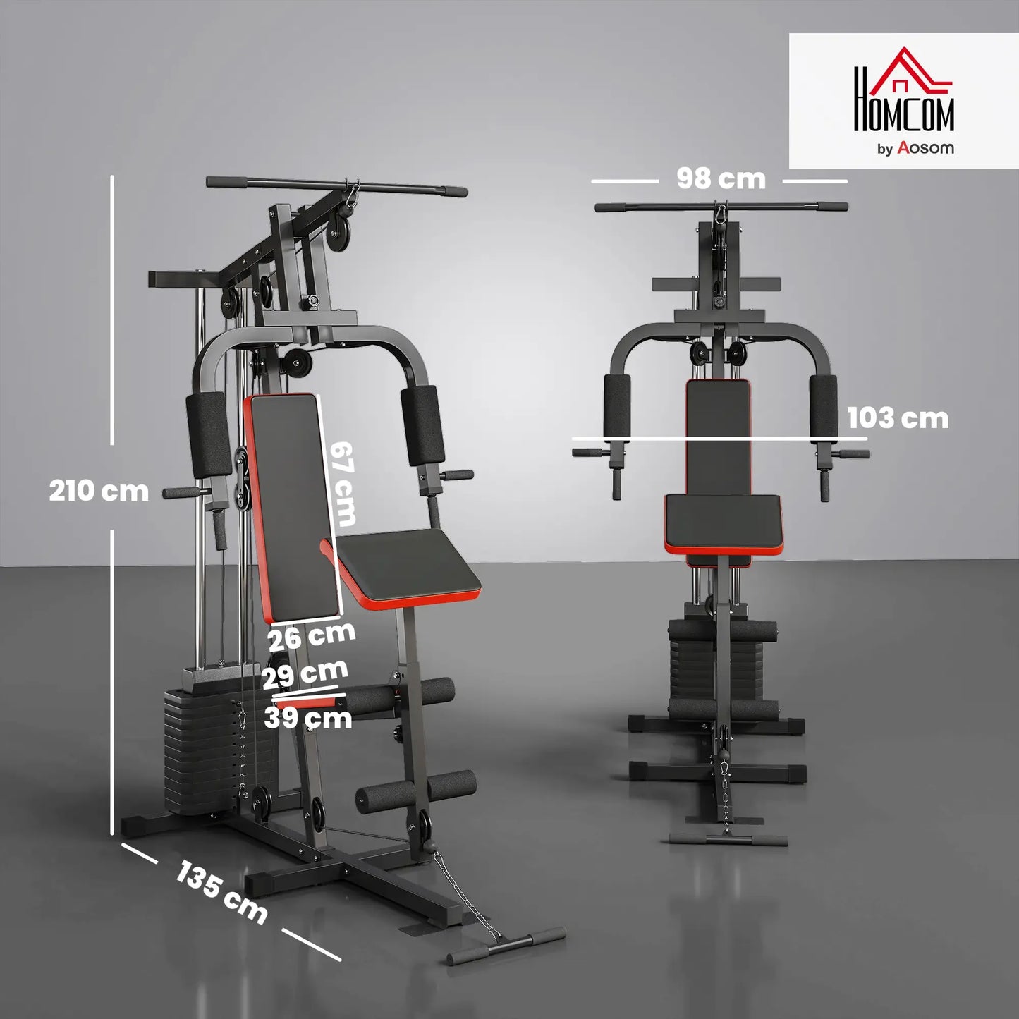 HOMCOM Multigym Station, with 66KG Weight Stack, for Strength Training Red Black