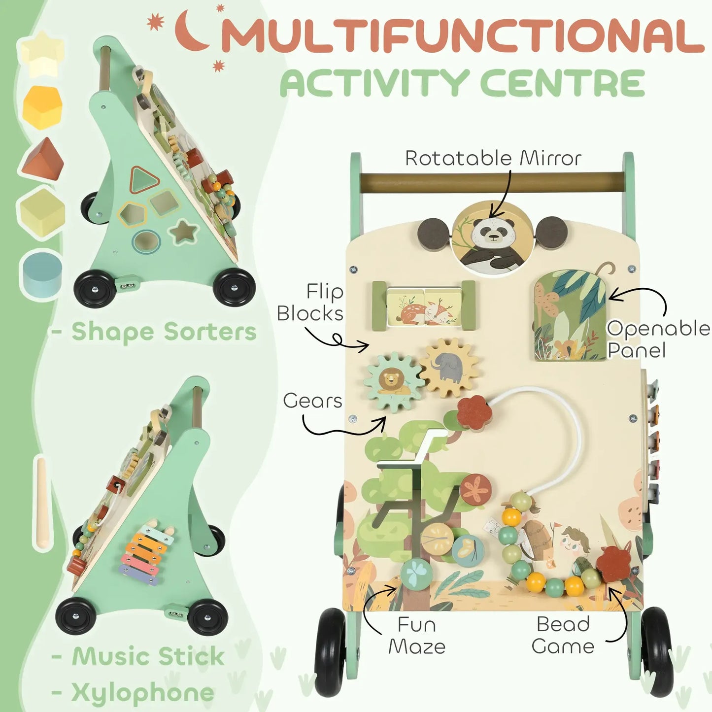 AIYAPLAY Wooden Baby Walker with Speed Control, Montessori-Inspired Centre