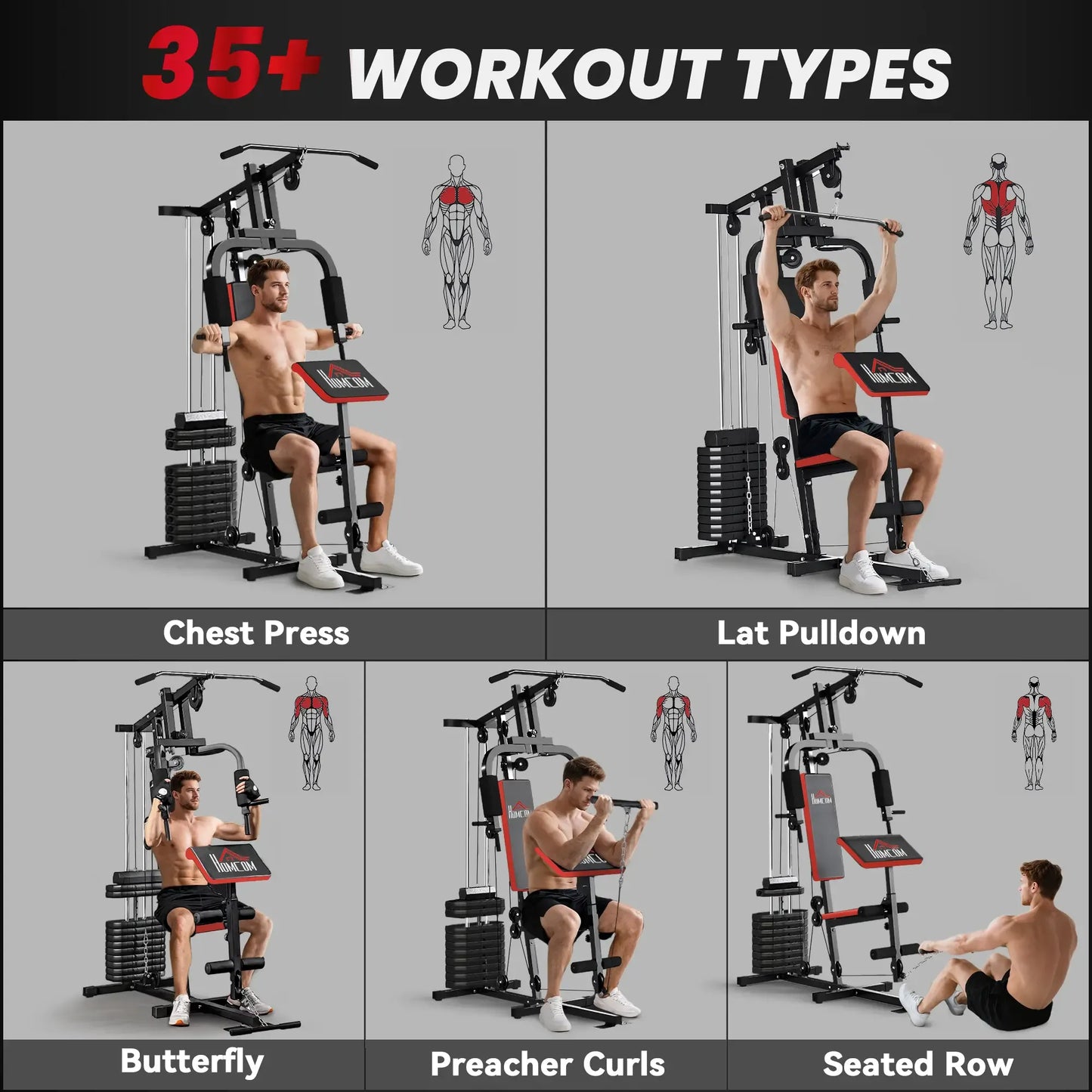 HOMCOM Multigym Station, with 66KG Weight Stack, for Strength Training Red Black