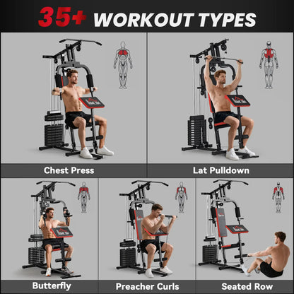 HOMCOM Multigym Station, with 66KG Weight Stack, for Strength Training Red Black