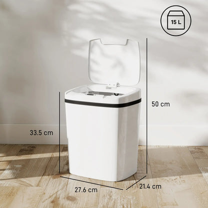 HOMCOM 15L Touchless Sensor Bin Automatic Kitchen Bathroom Rubbish Bin White