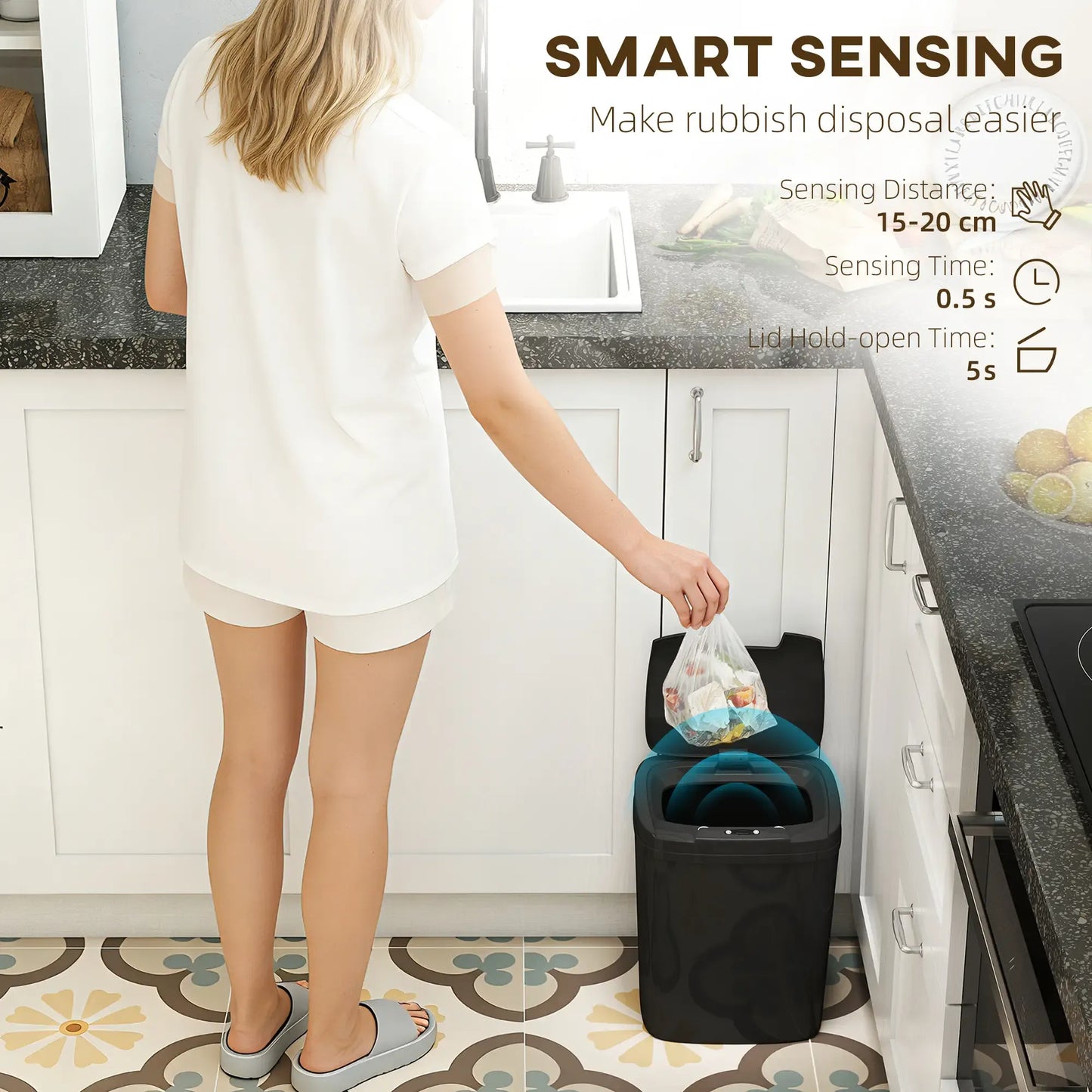 HOMCOM 15L Touchless Sensor Bin Automatic Kitchen Bathroom Rubbish Bin Black