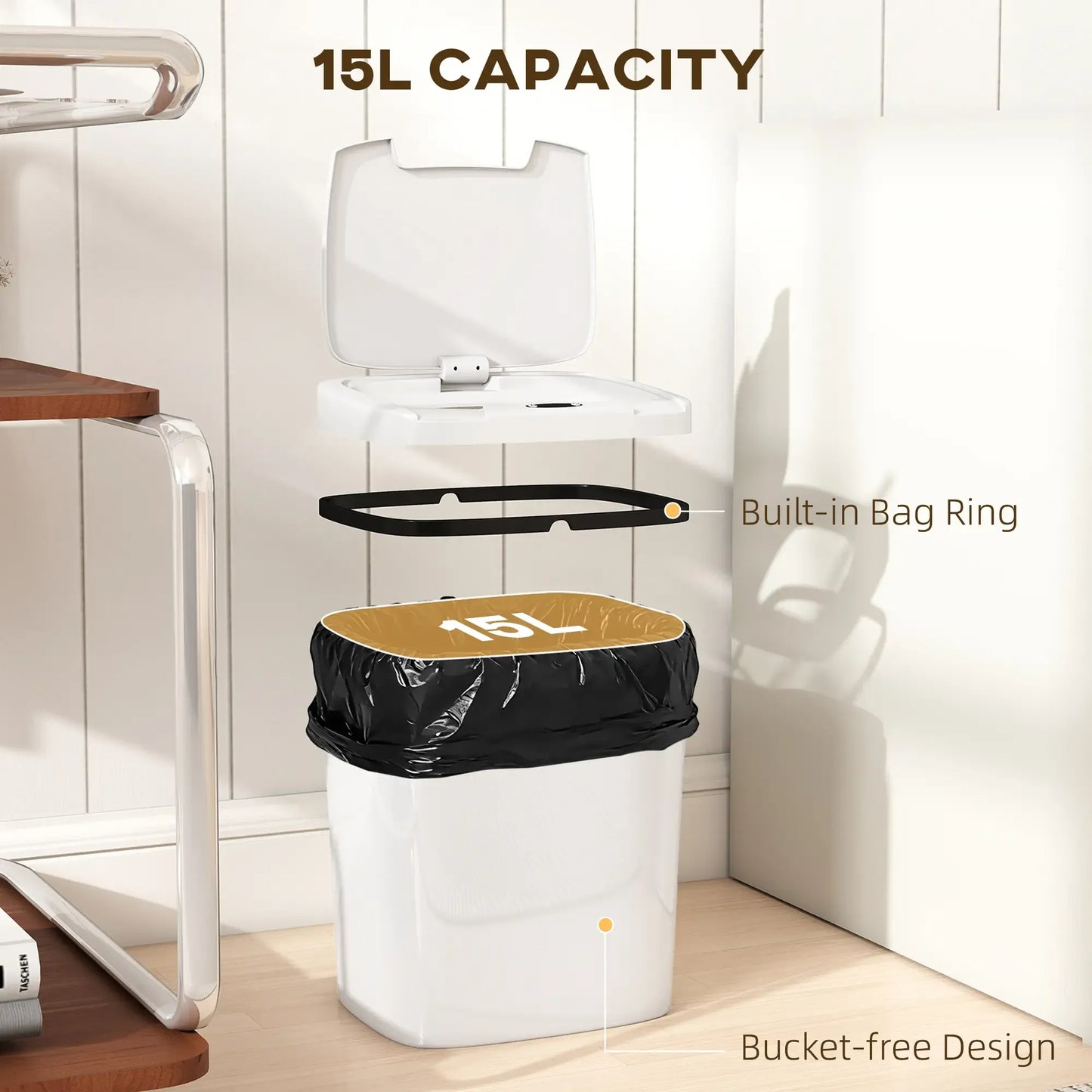 HOMCOM 15L Touchless Sensor Bin Automatic Kitchen Bathroom Rubbish Bin White