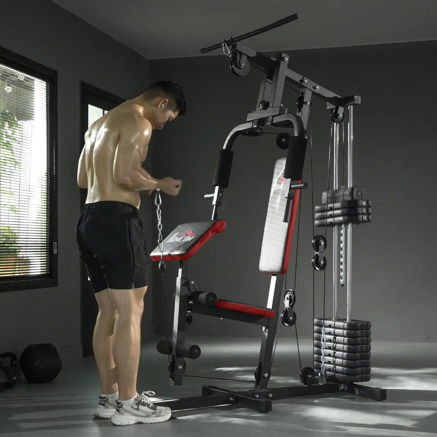 HOMCOM Multigym Station, with 66KG Weight Stack, for Strength Training Red Black