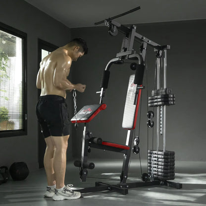 HOMCOM Multigym Station, with 66KG Weight Stack, for Strength Training Red Black