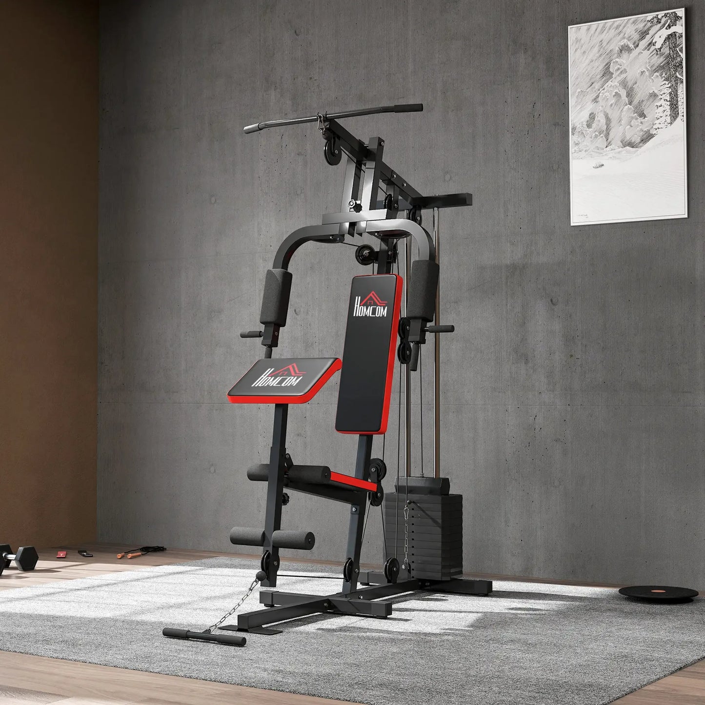 HOMCOM Multigym Station, with 66KG Weight Stack, for Strength Training Red Black