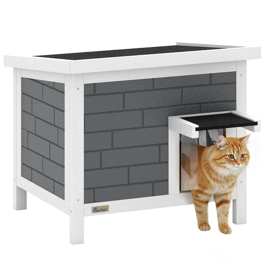 PawHut Outdoor Insulated Cat House Weatherproof Shelter with Openable Roof, Grey