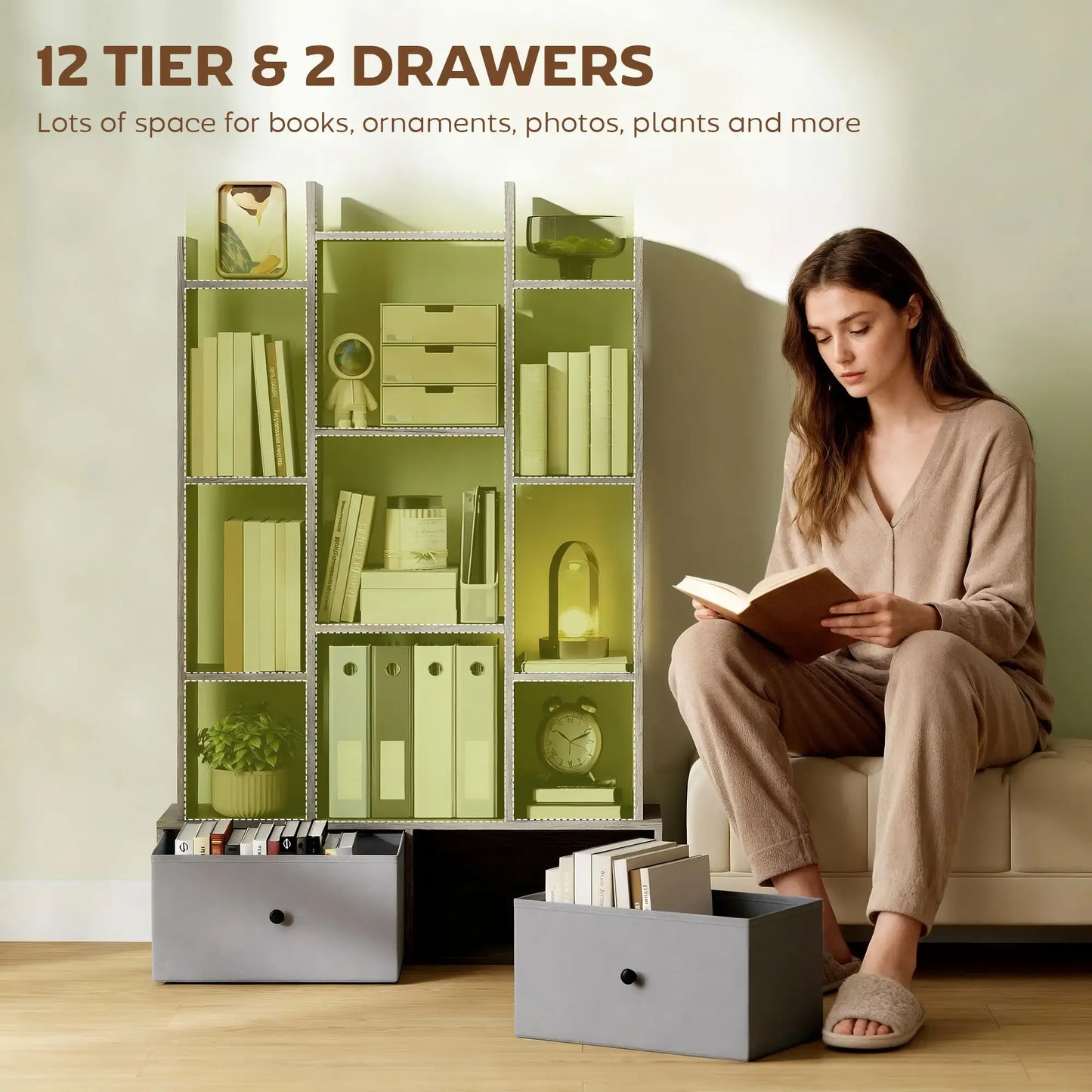 HOMCOM 12-Tier Bookshelf, Bookcase w/ 2 Folding Drawer, Graphite Wood Effect