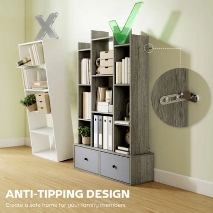 HOMCOM 12-Tier Bookshelf, Bookcase w/ 2 Folding Drawer, Graphite Wood Effect