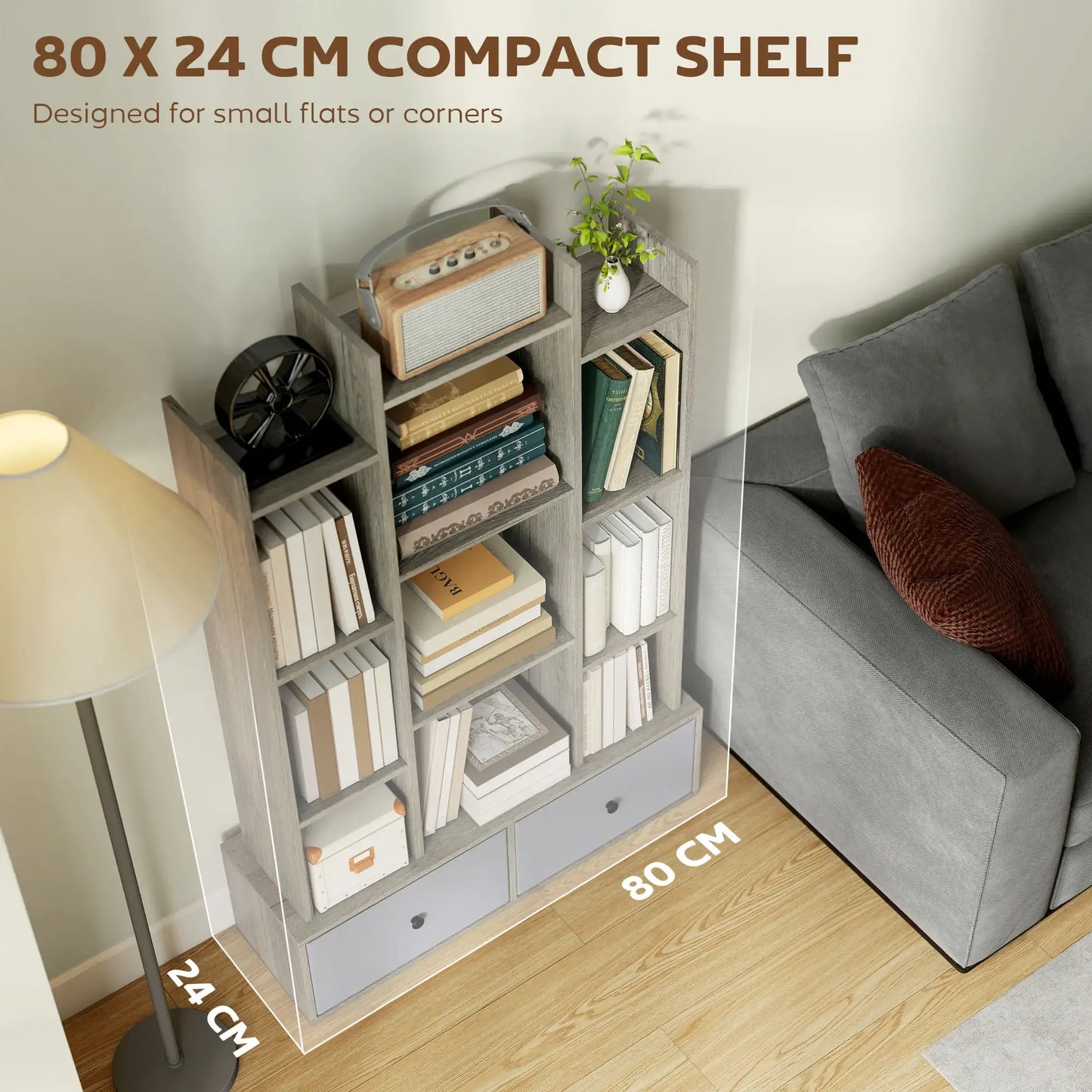 HOMCOM 12-Tier Bookshelf, Bookcase w/ 2 Folding Drawer, Graphite Wood Effect