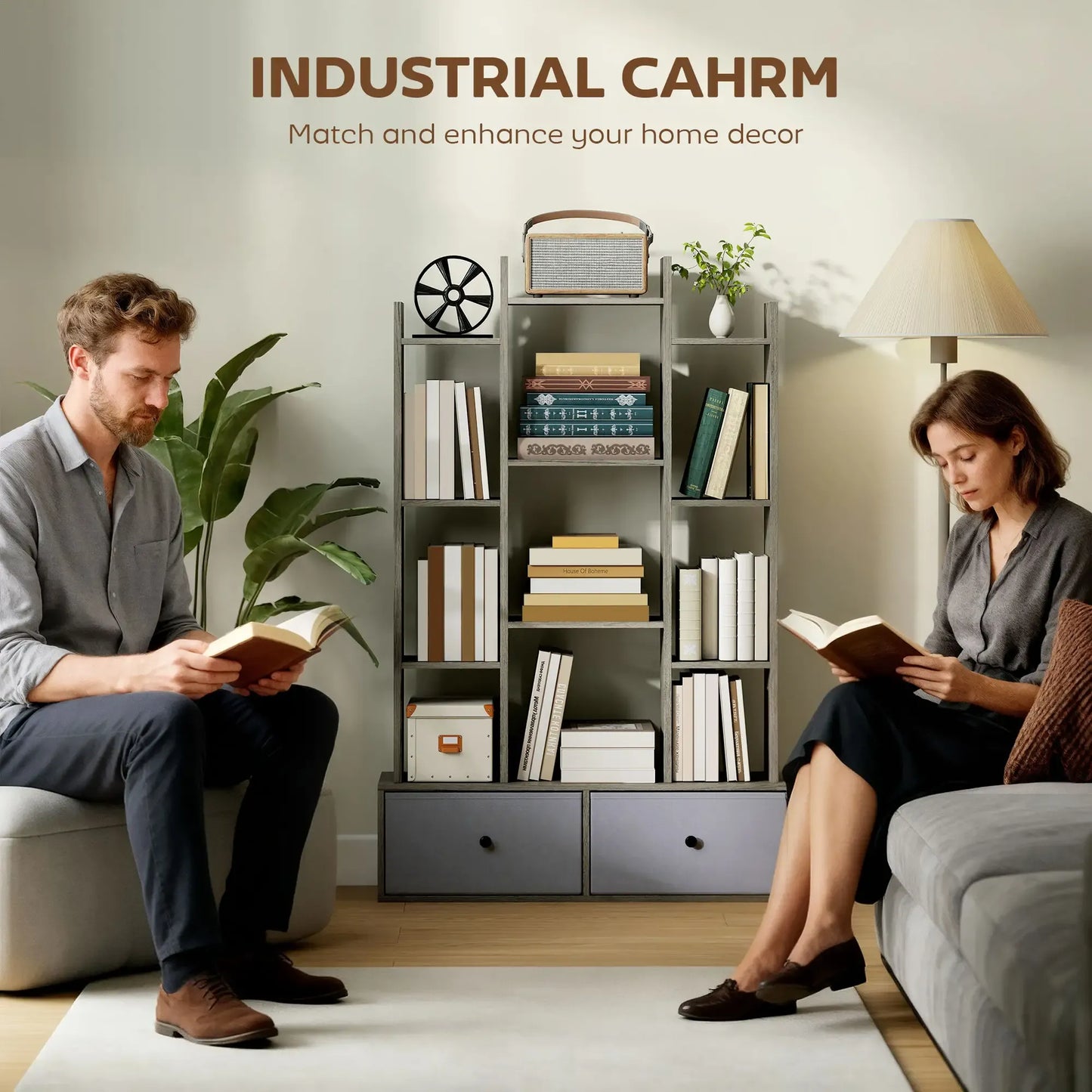 HOMCOM 12-Tier Bookshelf, Bookcase w/ 2 Folding Drawer, Graphite Wood Effect