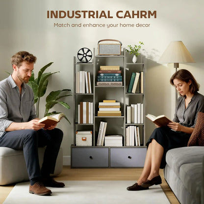 HOMCOM 12-Tier Bookshelf, Bookcase w/ 2 Folding Drawer, Graphite Wood Effect