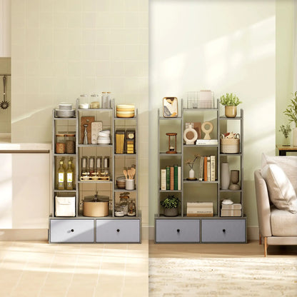 HOMCOM 12-Tier Bookshelf, Bookcase w/ 2 Folding Drawer, Graphite Wood Effect