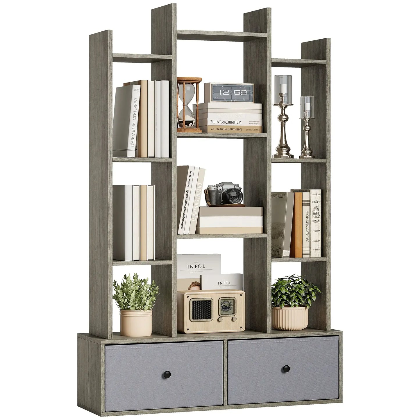 HOMCOM 12-Tier Bookshelf, Bookcase w/ 2 Folding Drawer, Graphite Wood Effect