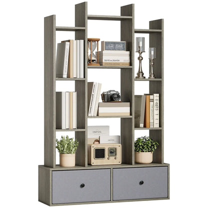 HOMCOM 12-Tier Bookshelf, Bookcase w/ 2 Folding Drawer, Graphite Wood Effect
