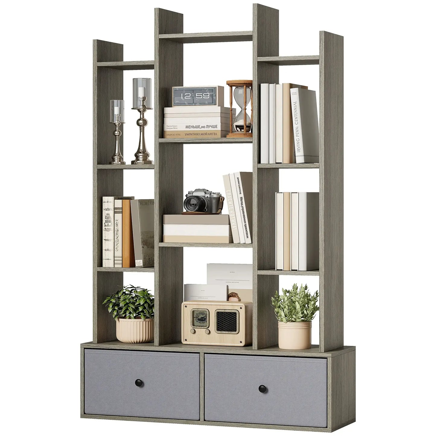 HOMCOM 12-Tier Bookshelf, Bookcase w/ 2 Folding Drawer, Graphite Wood Effect
