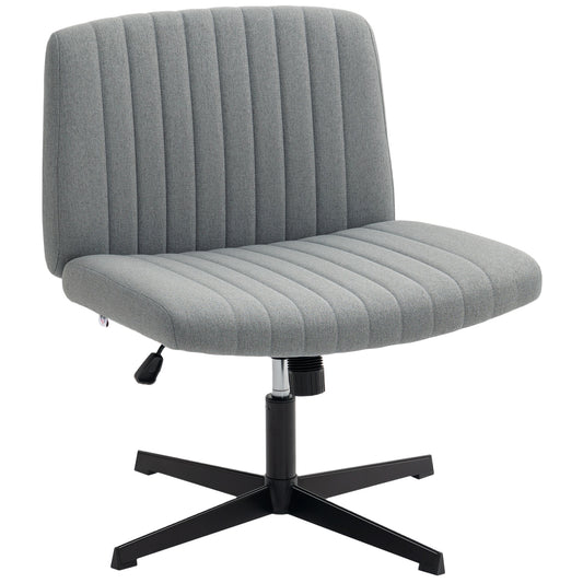 HOMCOM Armless Office Chair No Wheels, Linen Fabric Criss Cross Legged Desk Chair with Wide Seat, Thick Padding, Tilt Function, Height Adjustable Swivel Computer Seat for Home, Grey