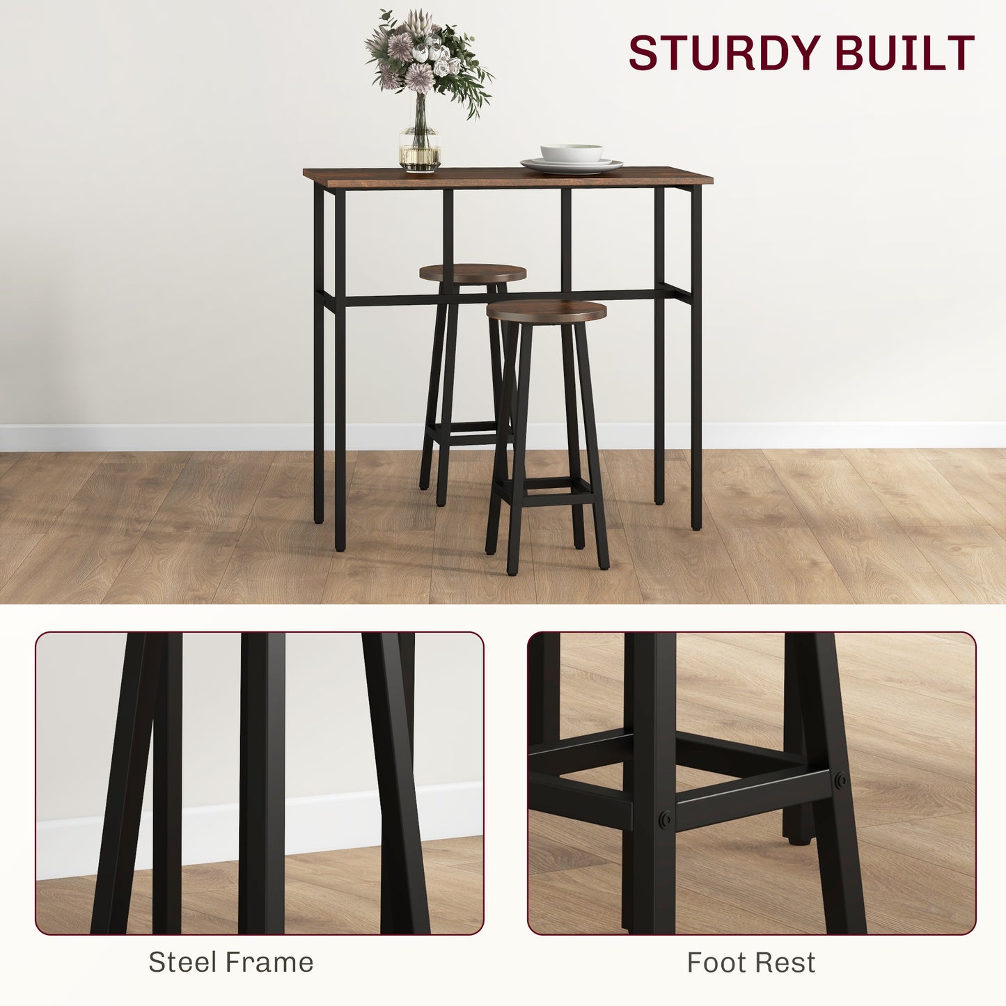 HOMCOM 6-Piece Bar Table Set, Counter Height Kitchen Dining Set with 2 High Tables & 4 Stools, Space Saving Compact Bar Furniture for Small Kitchens and Flats, Multiple Arrangements, Rustic Brown