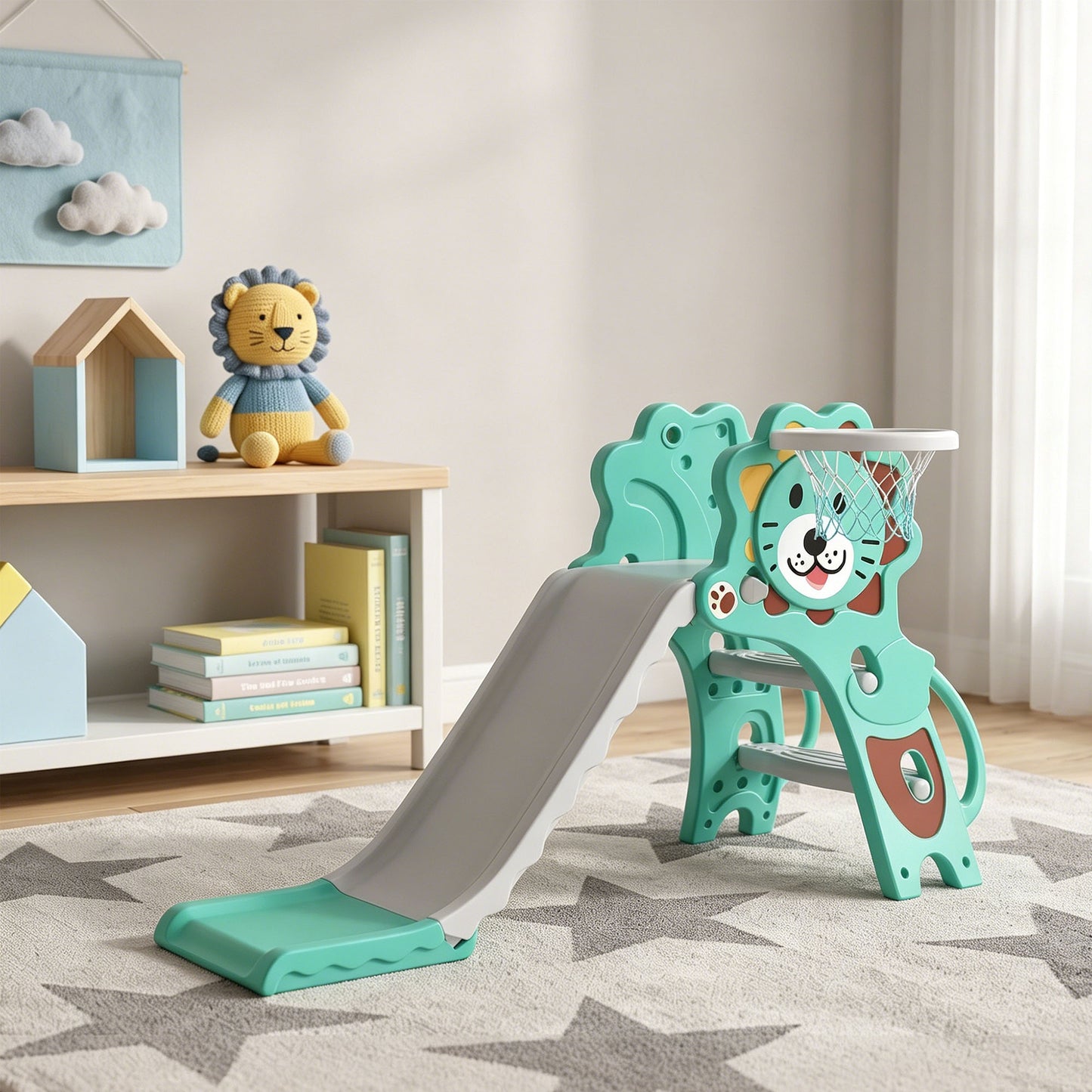AIYAPLAY Baby Slide with Basketball Hoop, Climber, Easy to Assemble Kids Slide for Indoor Use, for Ages 18-36 Months - Blue