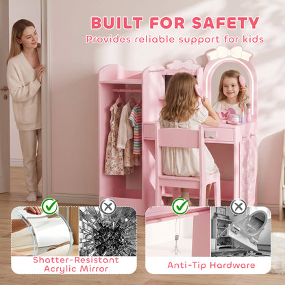 AIYAPLAY Kids Dressing Table, 3-in-1 Girls Vanity Set with Stool, 2-Colour Lights Mirror, Clothes Rack for Ages 3-8, Pink