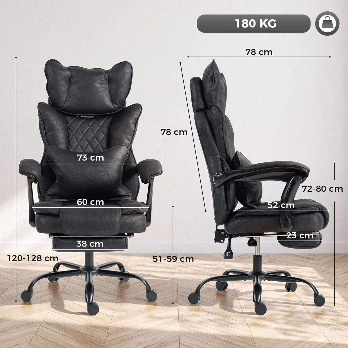 HOMCOM Executive Office Chair, Leathaire Big and Tall Office Chair 180 kg with Wide Seat, Reclining, Lumbar Support, Black