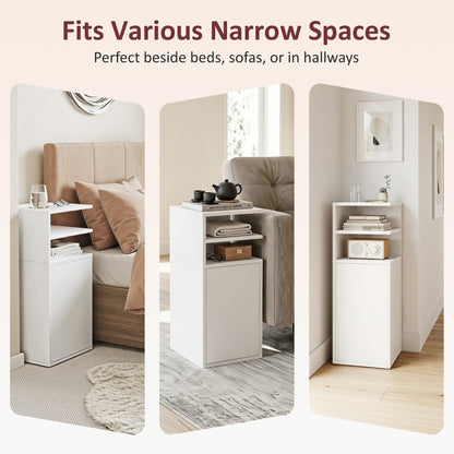 HOMCOM Slim Bedside Table Set of 2, Narrow Bedside Cabinet with Open Cubbies and Cupboard for Bedroom Living Room, White