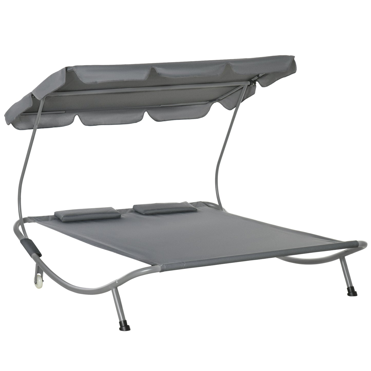 Outsunny Double Sun Lounger with Adjustable Detachable Canopy, Portable Garden Daybed for 2 with Wheels, Outdoor Sunbed Hammock with 2 Pillows, 220 KG Max. Load, Grey--ChewyGames-ChewyGames